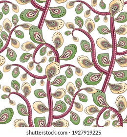 Patrón oriental sin foco con ramas de pepino turcas. Fondo decorativo encalado vectorial con adorno floral y geométrico. Motivo indio o árabe. Estilo del festival Boho
