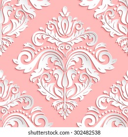 Seamless oriental pink and white ornament. Fine vector traditional oriental pattern with 3D elements, shadows and highlights