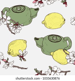 Seamless oriental spring tea party pattern in vector