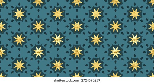 Patrón oriental inconsútil de la estrella con la textura de la hoja de oro y los motivos azules oscuros para el abrigo y el telón de fondo lujosos del regalo del Ramadán, Ilustración vectorial