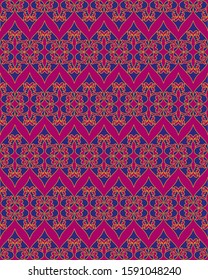 Seamless oriental style damask arabian islamic pattern in deep blue, magenta, red and gold colors. Vintage boho ornament for background, textile or wallpapers. Vector stock illustration.