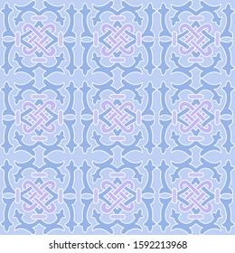 Seamless oriental style damask arabian islamic pattern in soft pastel light blue colors. Boho ornament for background, textile or wallpapers. Ornate backdrop. Vector stock illustration.