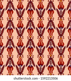 Seamless oriental style damask Middle Asian Uzbek pattern in dark red, burgundy and light orange colors. Boho ornaments for background, textile. Floral vertical stripes. Vector stock illustration.