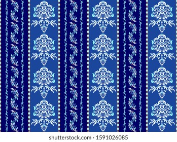 Seamless oriental style damask pattern in dark and light blue, red, white colors. Boho ornaments for background, textile or wallpapers. Floral vertical stripes. Simple and elegant. Vector illustration