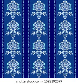 Seamless oriental style damask pattern in dark, light blue, white colors. Boho ornaments for background, textile or wallpapers. Floral vertical lines and stripes. Ornate backdrop, vector illustration