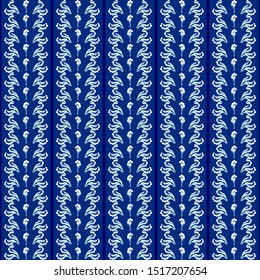 Seamless oriental style patter in dark and light blue, white colors. Boho ornaments for background, textile or wallpapers. Floral vertical lines and stripes. Simple, elegant. Vector stock illustration