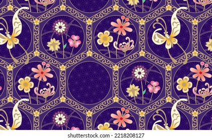 Seamless Oriental Style Pattern. Chinese New Year Background. Japan Traditional Fabric Pattern. Gold And Purple Background. Flower, Butterfly Ornament And Frame. Washi Paper Texture.