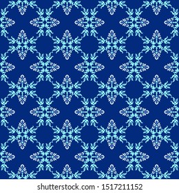 Seamless oriental style pattern. Dark and light blue Boho ornaments for background, textile or wallpapers. Floral squares. Simple and elegant. Vector stock illustration.