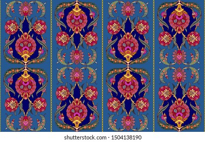 Seamless oriental style Persian Damask floral pattern. Deep Blue, red and gold color background with Arabic ornaments. Pattern, wallpapers for design. Exotic boho textile ornament. Vector illustration