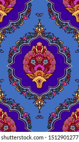 Seamless oriental style Persian Damask floral pattern. Blue, lapis, turquoise, red and gold intensive colors background, wallpapers for design. Exotic Boho textile ornament. Vector stock illustration.