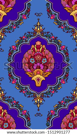 Seamless oriental style Persian Damask floral pattern. Blue, lapis, turquoise, red and gold intensive colors background, wallpapers for design. Exotic Boho textile ornament. Vector stock illustration.