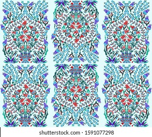 Seamless oriental Uzbek asian style damask arabian islamic pattern in red, blue, green and turquoise colors. Luxurious vintage boho ornament for background, textile or wallpapers.  Vector illustration