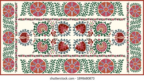 Seamless oriental Uzbek, Kazakh, Arabian style damask islamic Suzani pattern in red, green and ivory colors. Boho ornament for background, textile or wallpapers. Vector stock illustration.