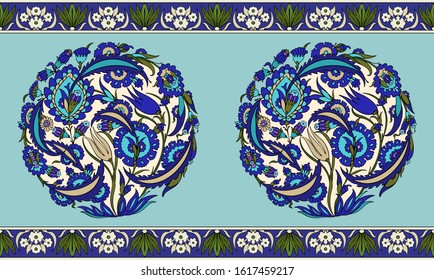 Seamless oriental Uzbek, Persian, Arabian style damask asian islamic pattern border in blue, green and turquoise colors. Luxurious vintage boho ornament for background, textile. Vector illustration.