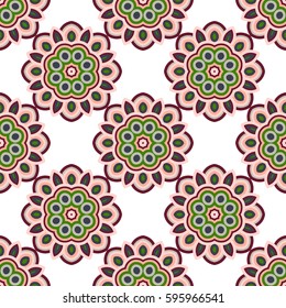 Seamless oriental vector pattern. Laced decorative ornamental background with geometric flower. Round colorful texture in green and rose colors