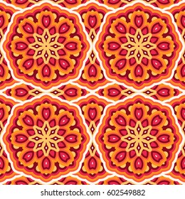 Seamless oriental vector pattern. Laced decorative ornamental background with geometric flower. Round colorful texture in violet, yellow and orange colors