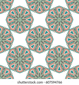 Seamless oriental vector pattern. Laced decorative ornamental background with geometric flower. Round colorful texture in blue, rose and red colors