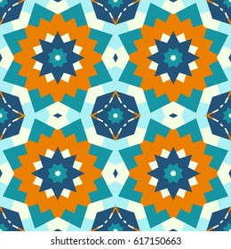 Seamless oriental vector pattern. Laced decorative ornamental background with geometric flower. Round colorful texture in blue, white and orange colors