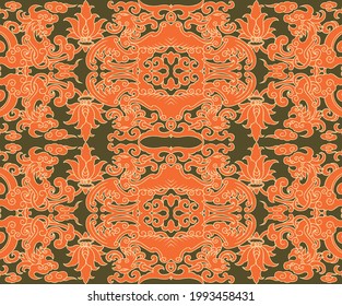 Seamless Oriental Vector Pattern. Traditional floral pattern for fabric, wallpapers and backgrounds. Ornamental creatures, plants and animals.