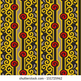Seamless Oriental Vector Scroll Pattern. Curved Red and Yellow Ornamental Lines on Black