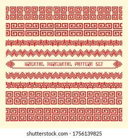 Patrones horizontales sin inconvenientes. Geometría china tradicional para bordes y marcos, diseño elegante de texturas antiguas, fondo de paredes de asia vintage vectorial con eslogan