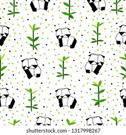 Seamless origami panda and bamboo pattern. Nursery fabric. Cute panda. Vector illustration. White background. For cloth, banners, paper.