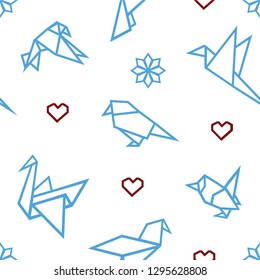 Seamless origami pattern, birds, paperwork, love paperwork, snowflakes, lineart, pattern, Japanese art, dove