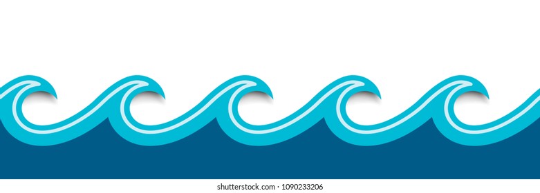 Seamless origami style paper wave. Nautical cartoon scenery banner with shadow. Vector illustration.