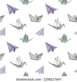 Seamless origami style pattern template with origami plane, crane and boat, vector hand drawn sketch style graphic illustration