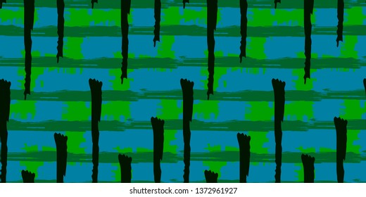 Seamless original pattern. Cage, squares, plaid, polo. Vector abstract hand drawing with stripes of acrylic paints and brushes. Geometric background, textiles