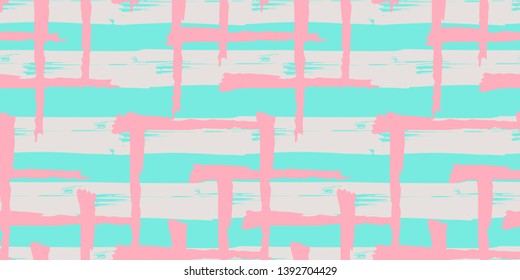 Seamless original pattern. Cage, squares, plaid, polo. Vector abstract hand drawing with stripes of acrylic paints and brushes. Geometric texture, background, textile