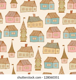 Seamless original pattern with decorative houses. City endless background. Doodle town template for crafts, textile, wallpapers, packages