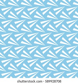Seamless original pattern of the white triangle on a blue background. Geometric background.