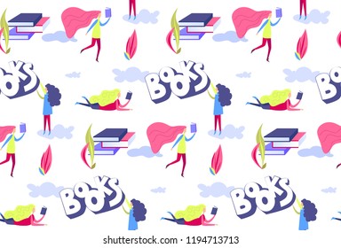 Seamless original pattern with woman and books. Vector funny background for textile, wallpaper, gift, card, poster. Library books festival elements design
