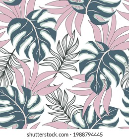 Seamless original tropical pattern with bright colorful plants and leaves on a white background. Vector design. Jungle print. Floral background.  Jungle leaf seamless vector floral pattern background.