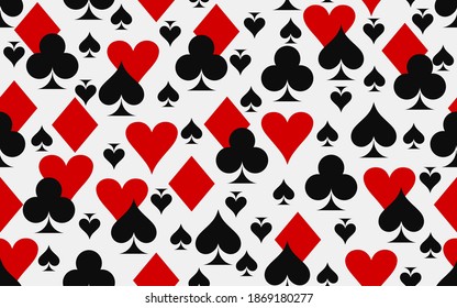 Seamless original white background from figures of symbols of card suit-clubs, tambourines, spades, hearts. Vector graphics for design, wallpaper, business cards, websites.