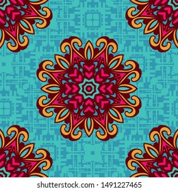 Seamless ornament. Abstract doodle vector pattern sun flower. Indian style surface design