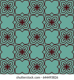 Seamless ornament. Abstract pattern on a turquoise background. Stylized vegetable ornament in Indian, Eastern, Asian, Turkish, Russian, traditional style.