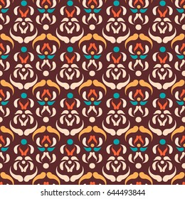 Seamless ornament. Abstract pattern on a Burgundy background. Stylized vegetable ornament in Indian, Eastern, Asian, Turkish, Russian, traditional style.