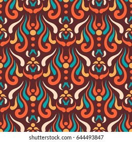 Seamless ornament. Abstract pattern on a Burgundy background. Stylized vegetable ornament in Indian, Eastern, Asian, Turkish, Russian, traditional style.