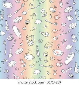 Seamless ornament based on types of food and restaurant items. Associated with the restaurant culture, abstract background.