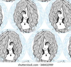 Seamless ornament with a beautiful girl. Beautiful girl with her hair down. Vintage illustration.
