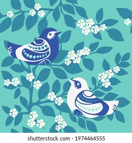 seamless ornament with birds on blossom trees