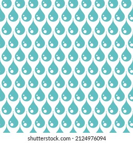 Seamless ornament with blue water drops on white background. Nature, liquid, rain pattern. Vector illustration. Cartoon rain weather wallpaper. Rainy day