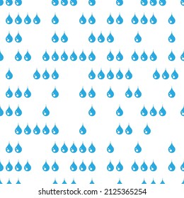 Seamless ornament with blue water drops on white background. Nature, liquid, rain pattern. Vector illustration. Cartoon rain weather wallpaper. Rainy day