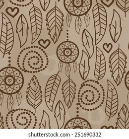 seamless ornament in boho style with feathers and dream catcher, vector illustration