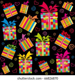 Seamless ornament with bright gift boxes