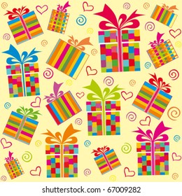 Seamless ornament with bright gift boxes