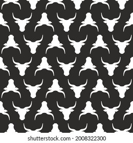 Seamless ornament with bull head. Ox, cow pattern. Farm Animal. Beef, milk, lactose wallpaper. Vector illustration isolated on brown background