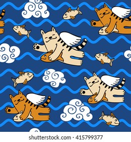Seamless ornament cat, fish and clouds. The sea and the waves. Kids seamless pattern. Vector. Illustration. Cartoon.